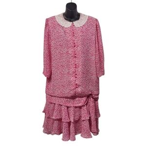 Vintage In The Mood Pink White Drop Waist Ruched Skirt Dress Size L